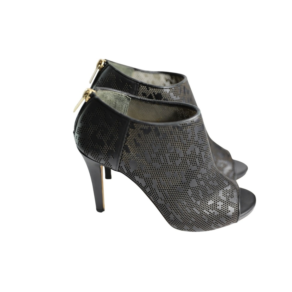 Jimmy Choo Black Laser Cut Perforated Leather Leopard Peep Toe Booties 37.5